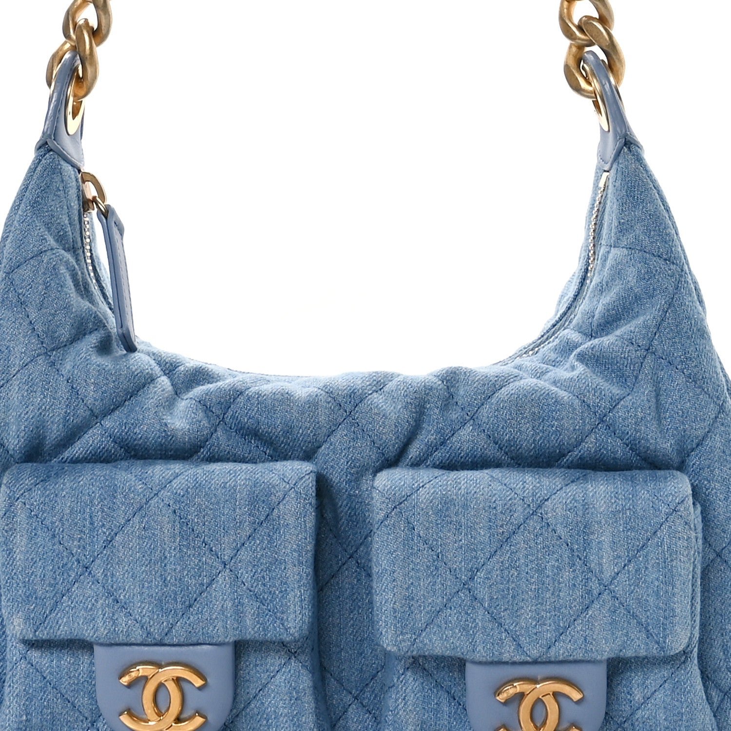 Washed Denim Quilted Cargo Large Hobo Light Blue - Image 8