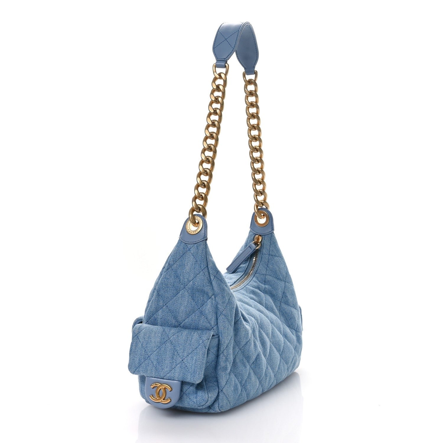Washed Denim Quilted Cargo Large Hobo Light Blue - Image 3