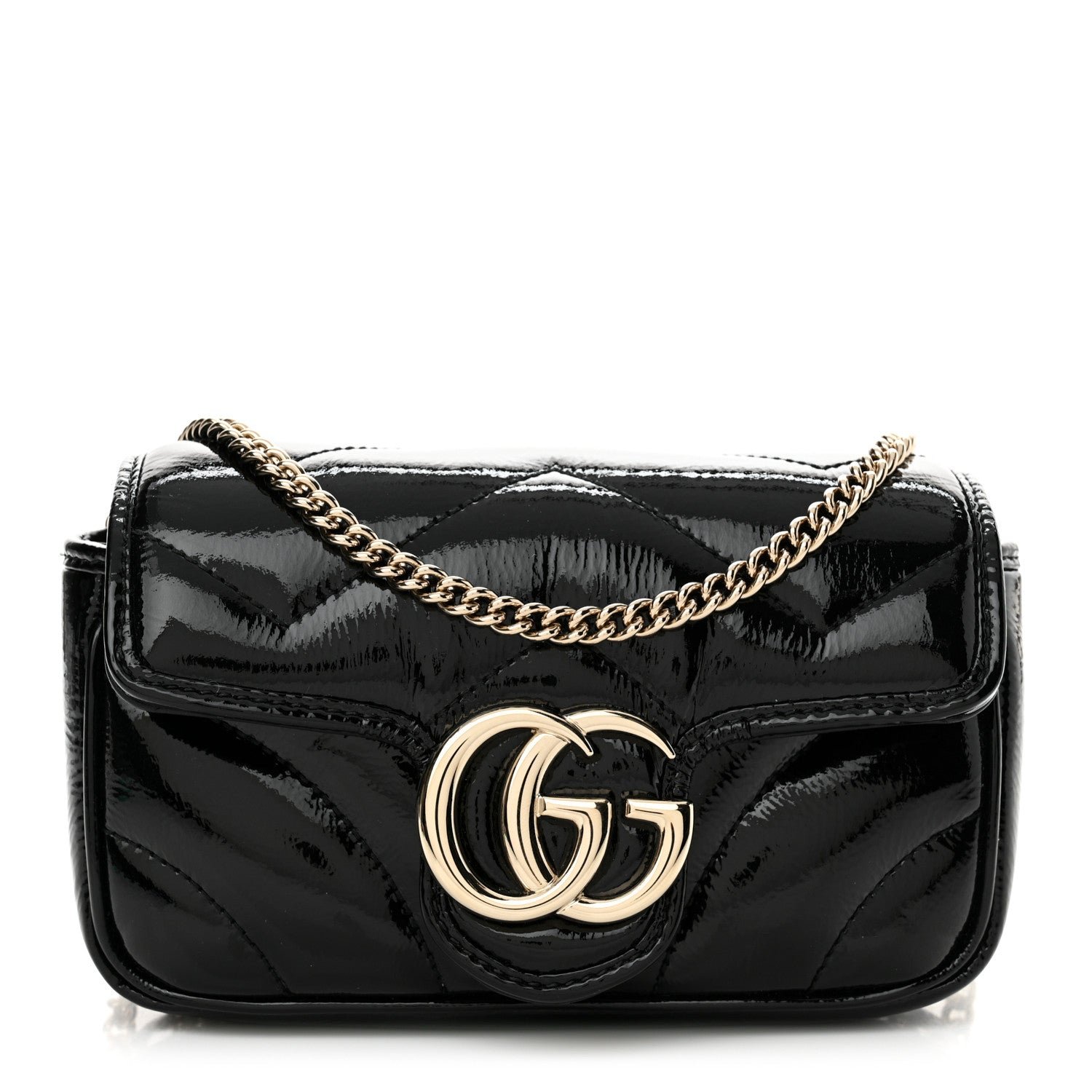 Patent Lambskin Matelasse Super Mini GG Marmont Shoulder Bag Black