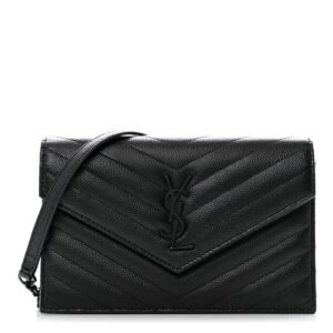 Grain De Poudre Matelasse Chevron Monogram Monochrome Envelope Chain Wallet Black