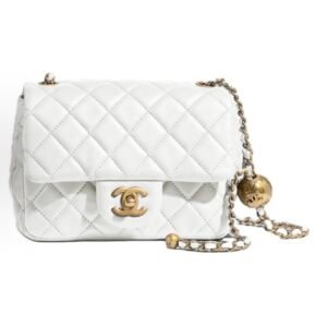 Chanel Mini Pearl Ball Flap Bag – White Quilted Leather, Gold Ball Chain