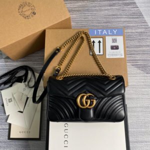 GUCCI Black & Gold Small Shoulder Bag – Quilted Leather Crossbody with Double G Chain