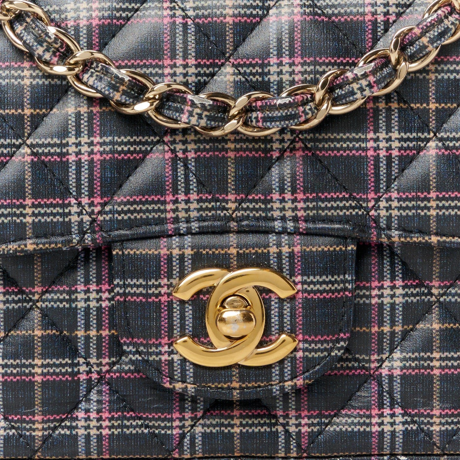 Calfskin Quilted Plaid Printed Small Single Flap Navy Multicolor - Image 9