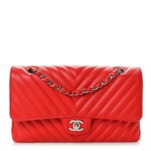 Caviar Chevron Quilted Medium Double Flap Red