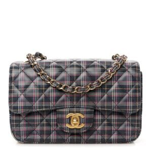 Calfskin Quilted Plaid Printed Small Single Flap Navy Multicolor