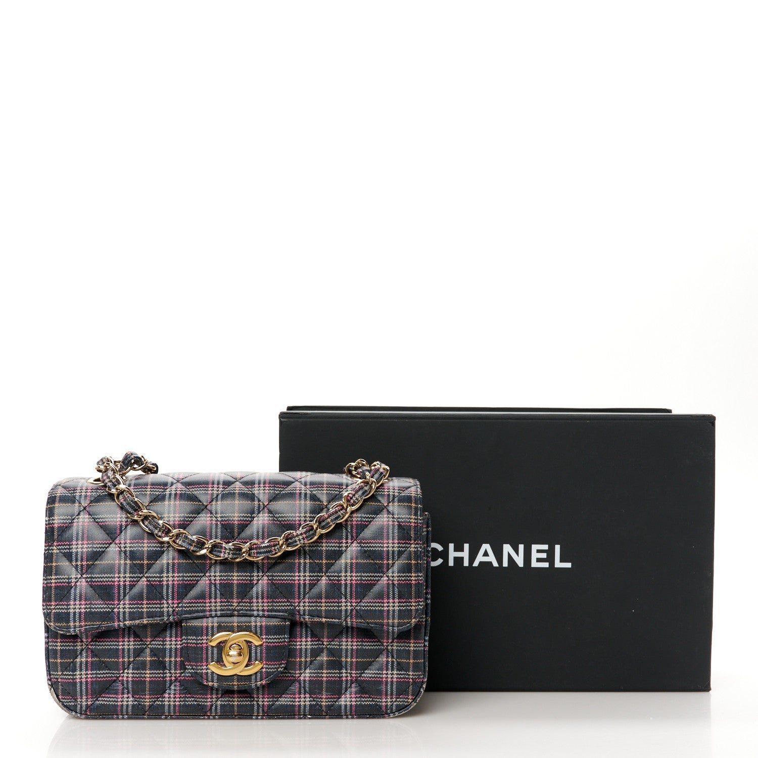 Calfskin Quilted Plaid Printed Small Single Flap Navy Multicolor - Image 12