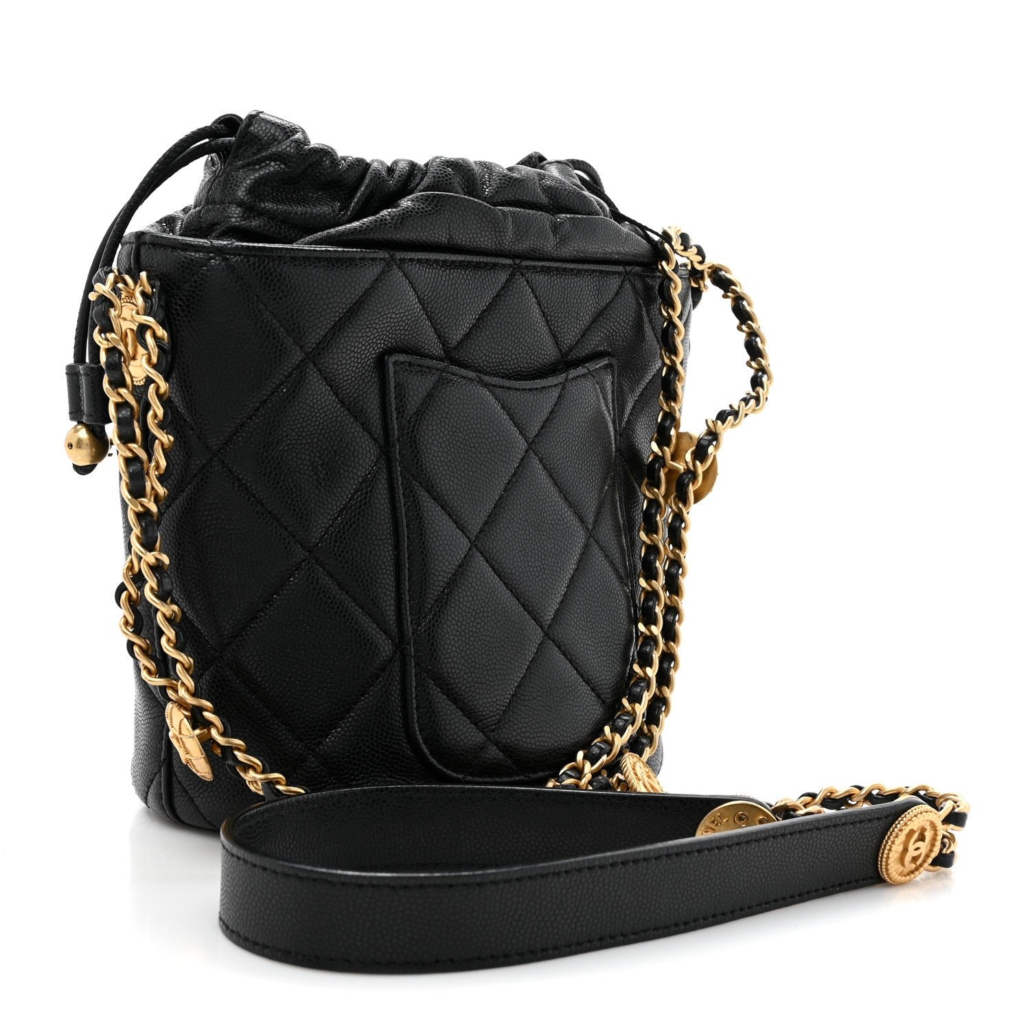 Caviar Quilted Twist Your Buttons Bucket Bag Black - Image 3