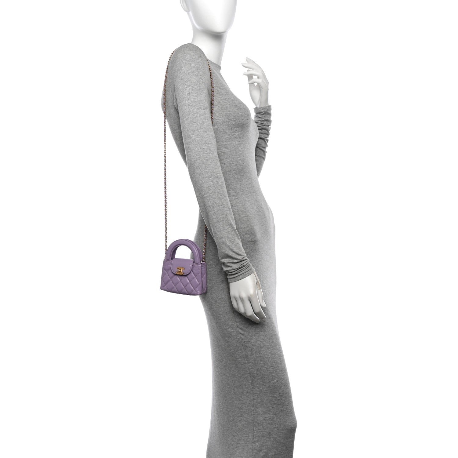 Shiny Aged Calfskin Quilted Mini Nano Kelly Shopper Lilac - Image 2