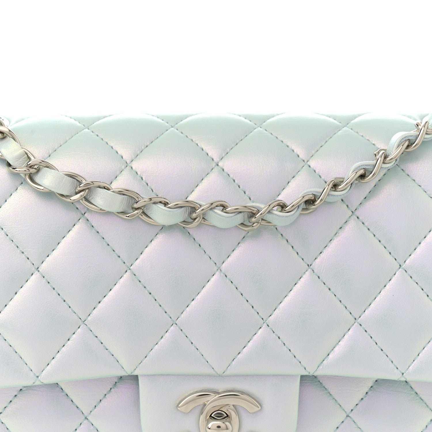 Iridescent Calfskin Quilted Medium Double Flap Light Blue - Image 8