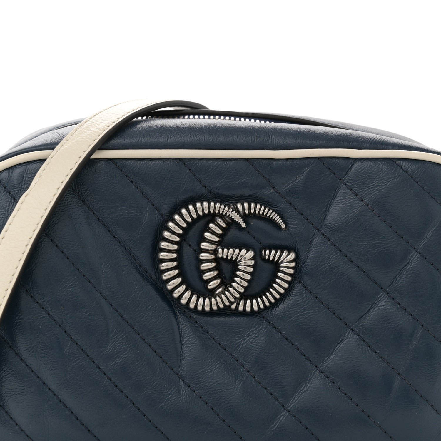 Vintage Effect Calfskin Matelasse Diagonal Small Torchon GG Marmont Chain Shoulder Bag Blue Agata Mystic White - Image 8