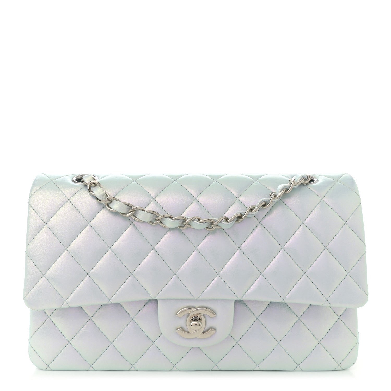 Iridescent Calfskin Quilted Medium Double Flap Light Blue