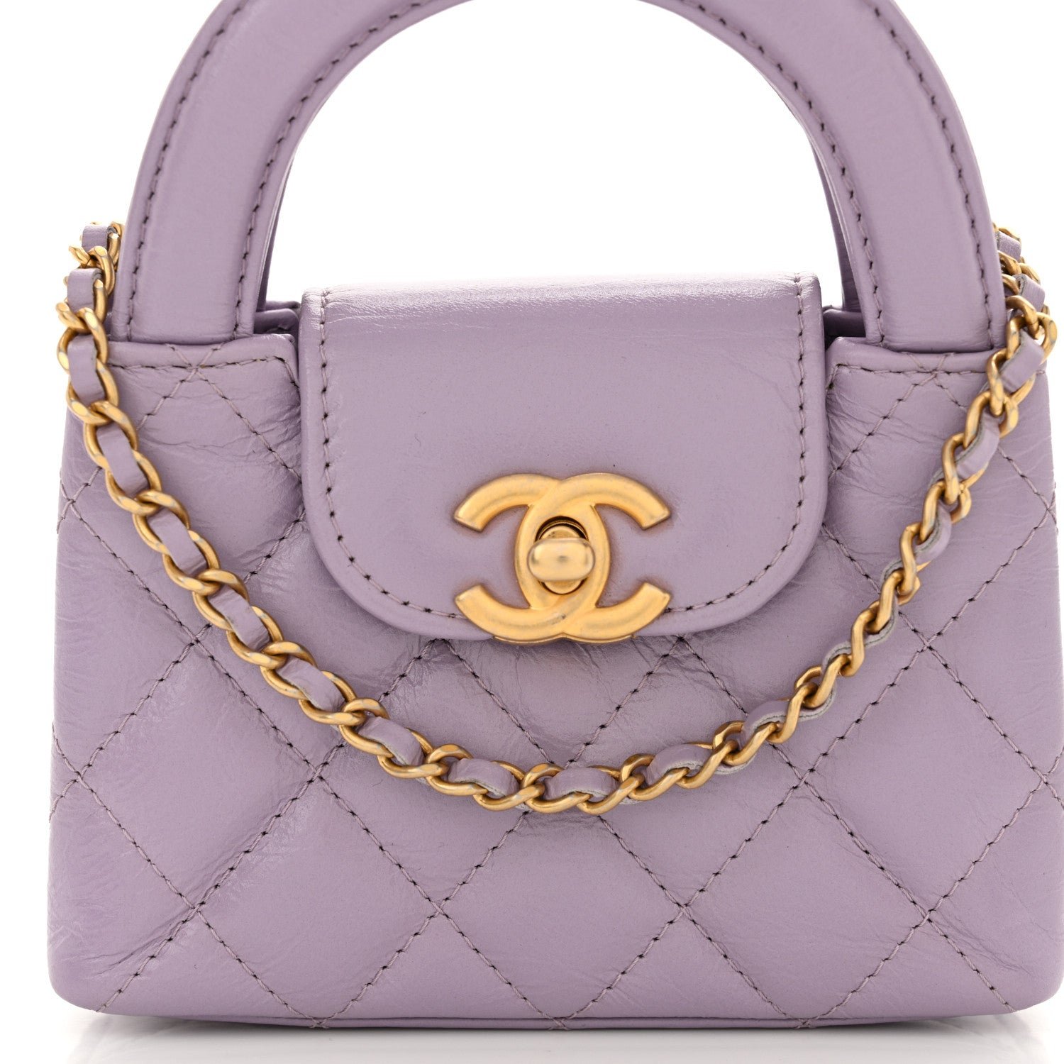Shiny Aged Calfskin Quilted Mini Nano Kelly Shopper Lilac - Image 8