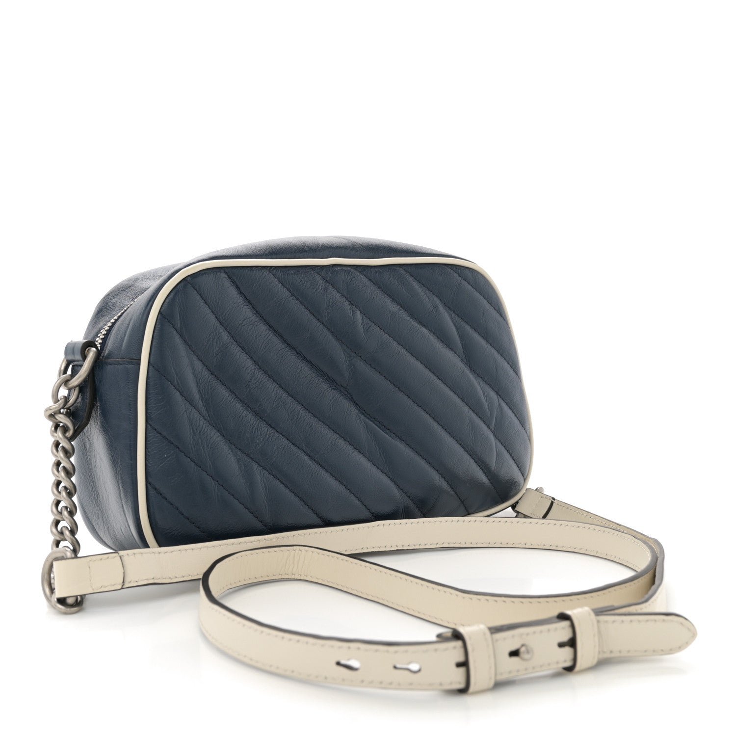 Vintage Effect Calfskin Matelasse Diagonal Small Torchon GG Marmont Chain Shoulder Bag Blue Agata Mystic White - Image 3