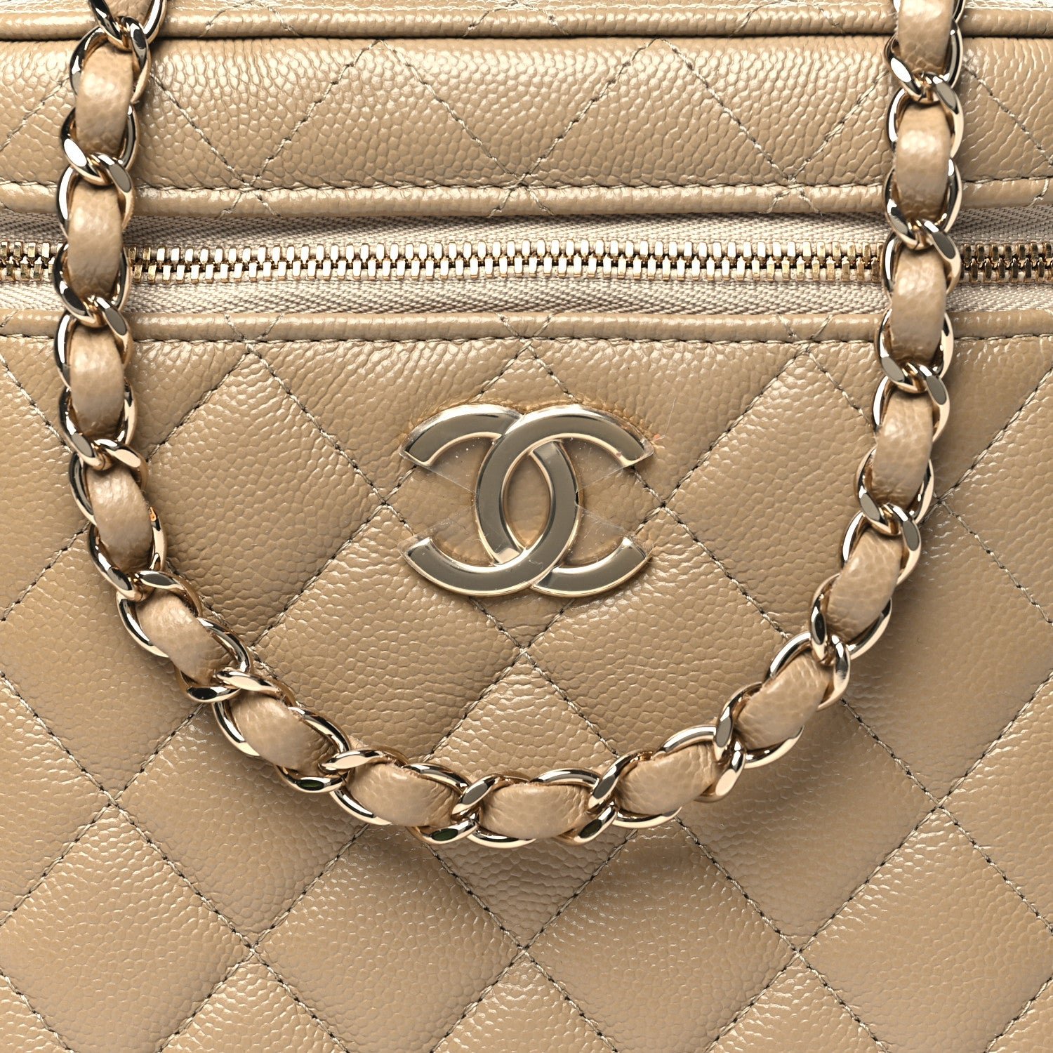Caviar Quilted Small Top Handle Vanity Case With Chain Dark Beige - Image 8