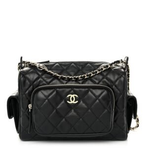 Shiny Crumpled Lambskin Quilted Medium Preppy Pocket Camera Case Black