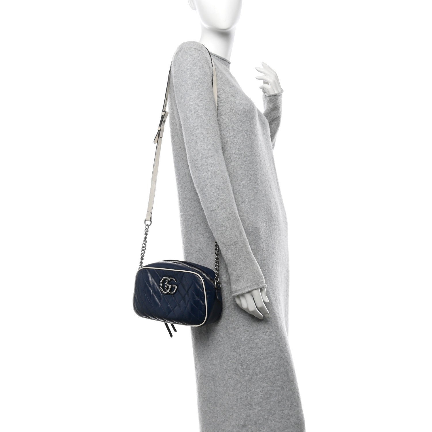 Vintage Effect Calfskin Matelasse Diagonal Small Torchon GG Marmont Chain Shoulder Bag Blue Agata Mystic White - Image 2