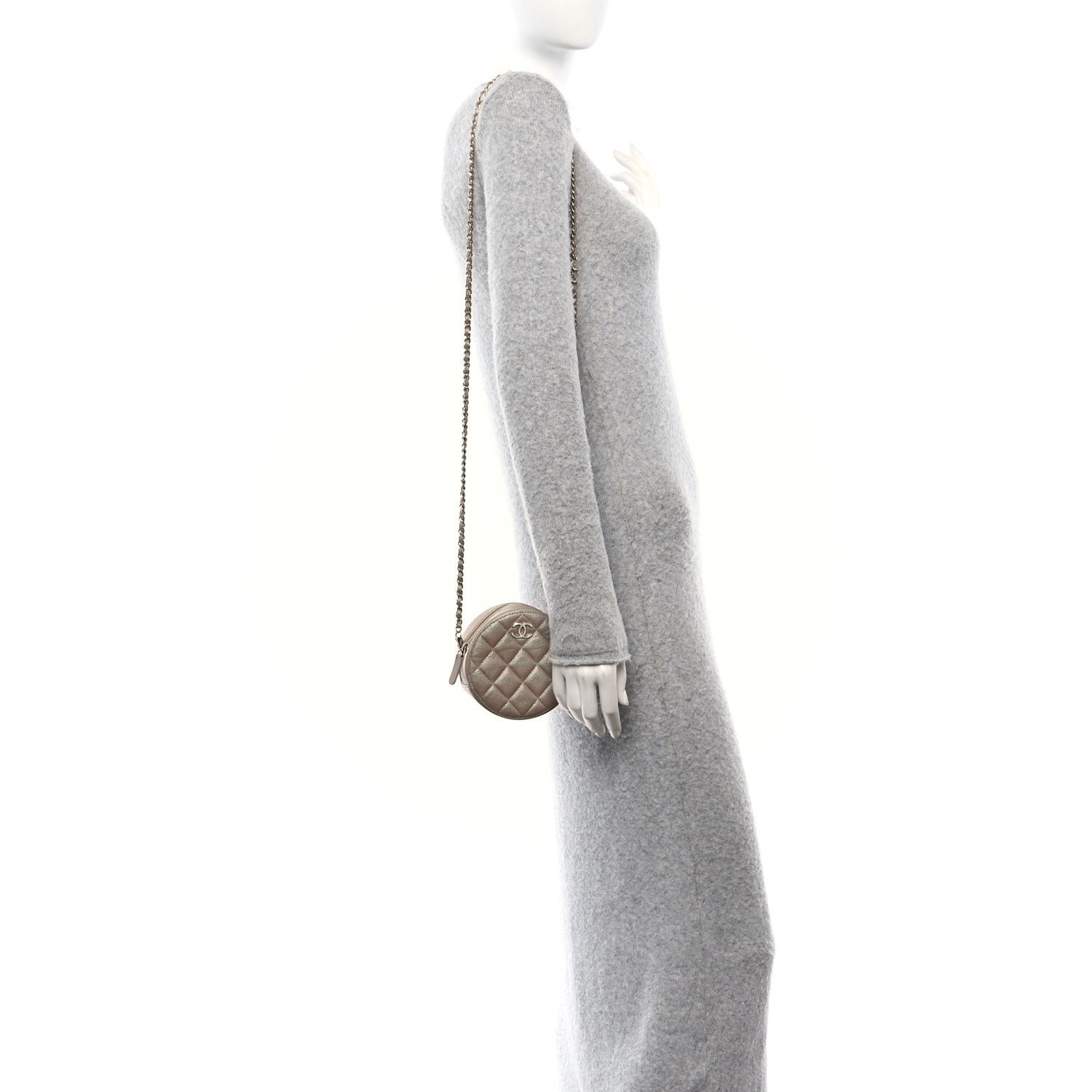 Iridescent Caviar Resin Quilted Round Clutch With Chain Beige - Image 2