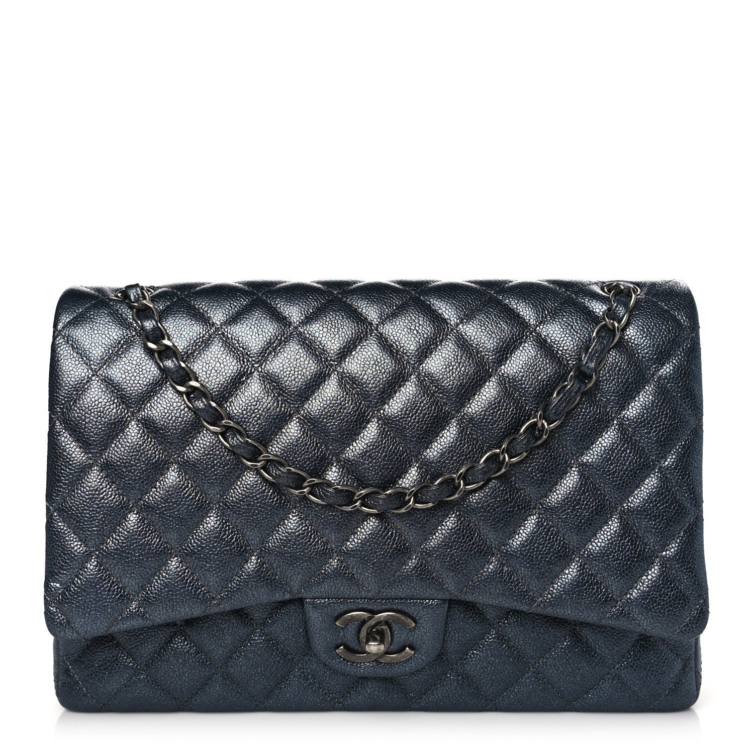 Metallic Caviar Quilted Maxi Double Flap Charcoal