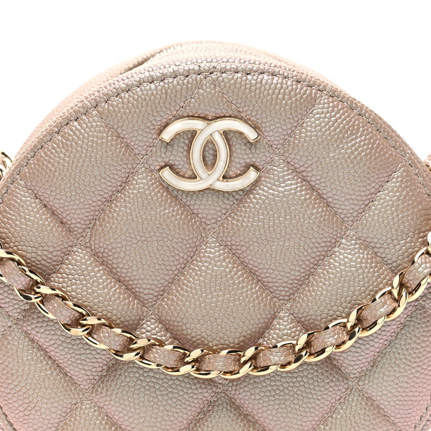 Iridescent Caviar Resin Quilted Round Clutch With Chain Beige - Image 8