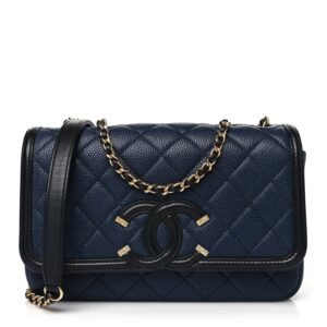 Caviar Quilted Small CC Filigree Flap Navy Black