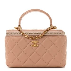 Lambskin Quilted Small Top Handle Vanity Case With Chain Beige