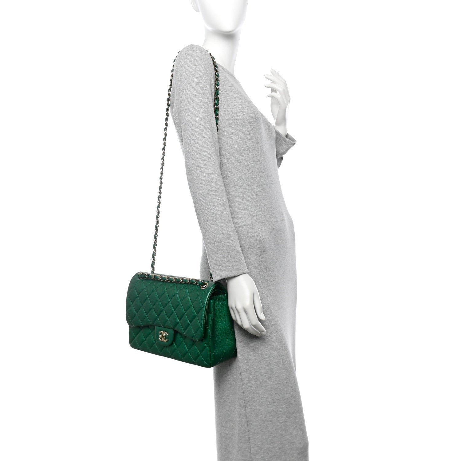 Metallic Caviar Quilted Jumbo Double Flap Green - Image 2