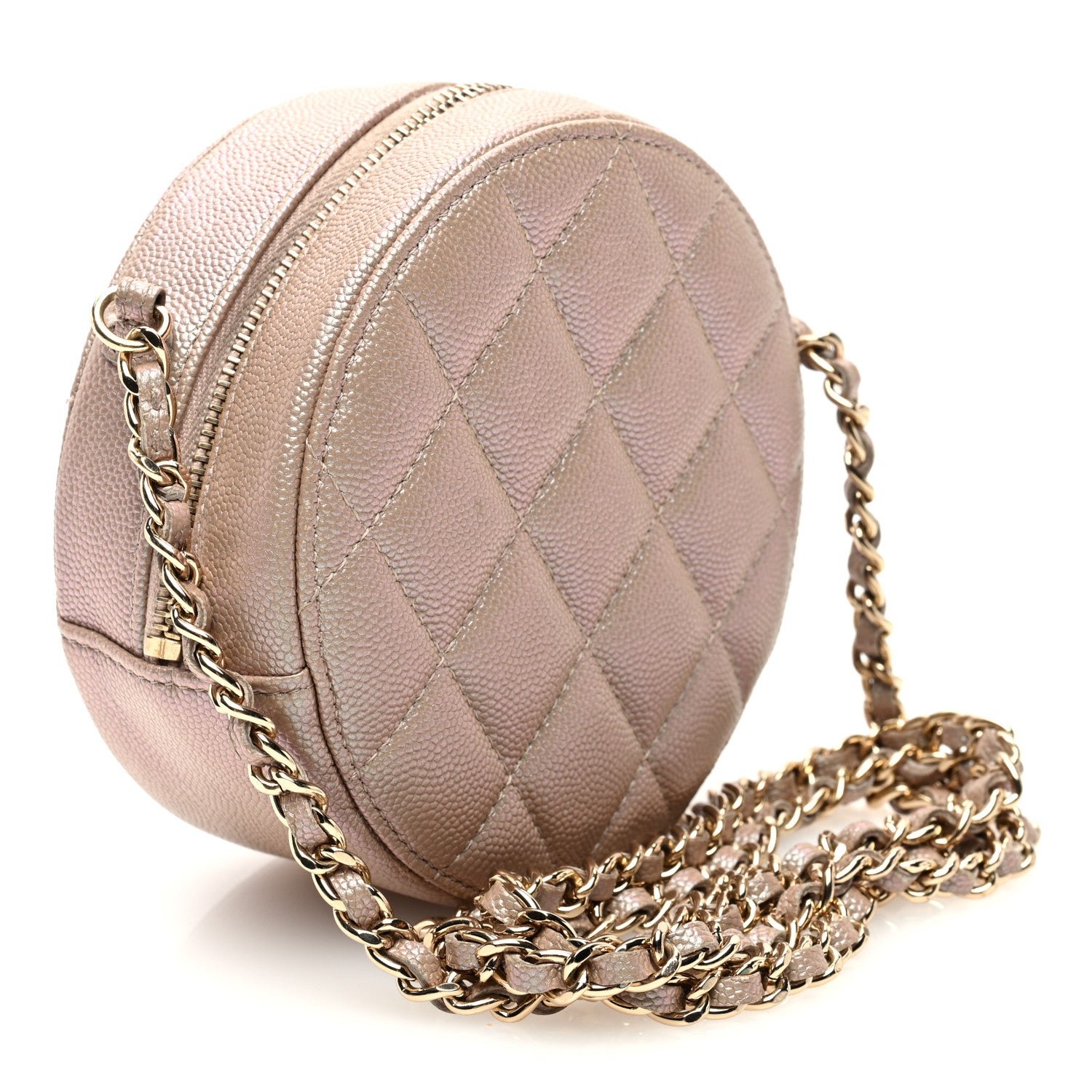 Iridescent Caviar Resin Quilted Round Clutch With Chain Beige - Image 3