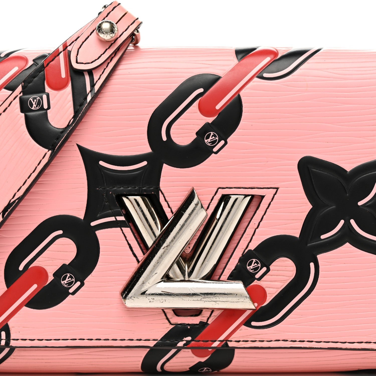 Epi Chain Flower Print Twist Chain Wallet Pink - Image 7