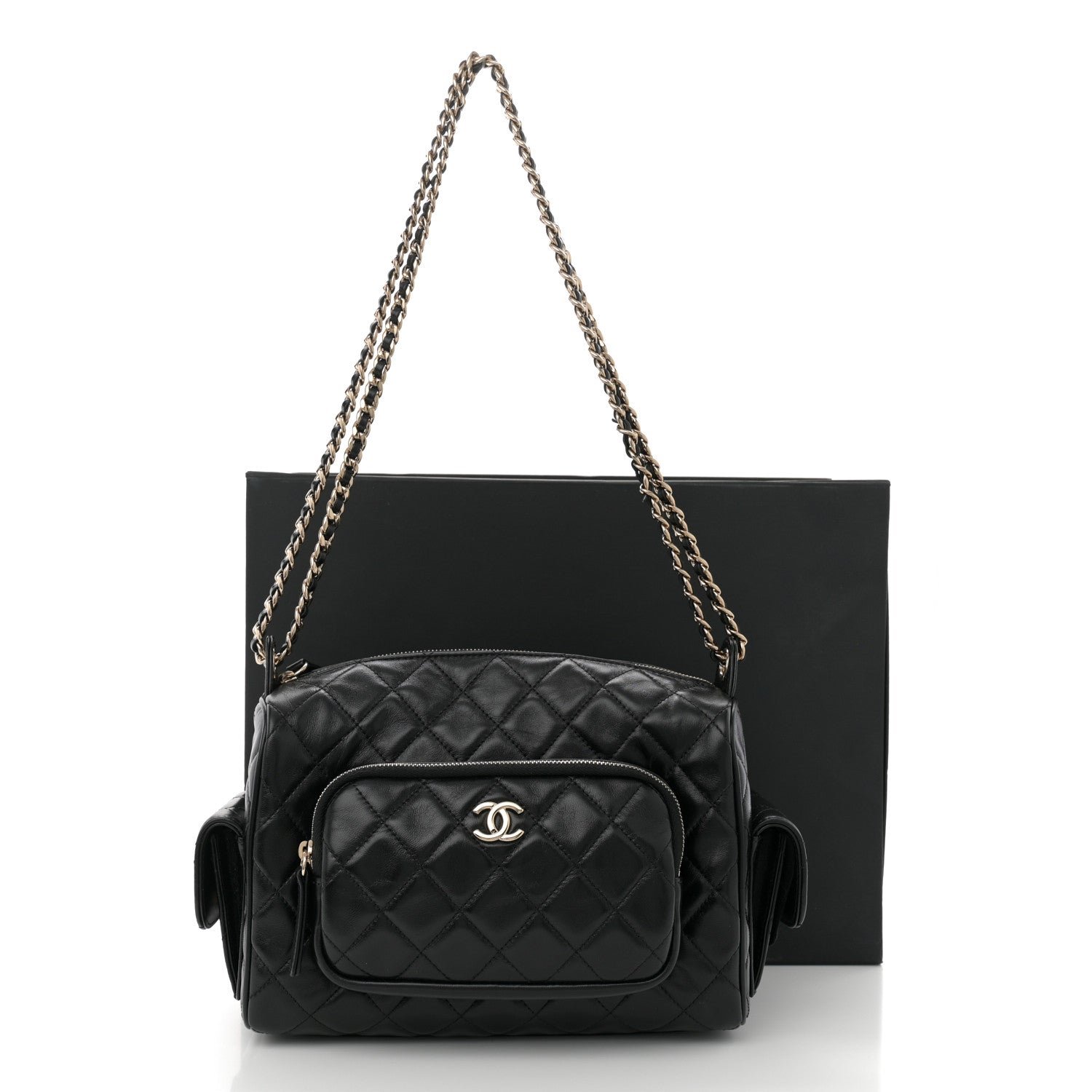 Shiny Crumpled Lambskin Quilted Medium Preppy Pocket Camera Case Black - Image 12