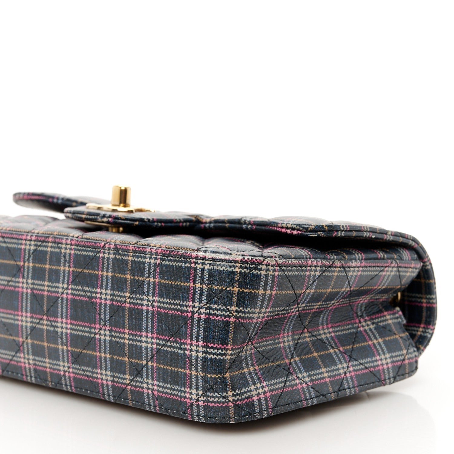 Calfskin Quilted Plaid Printed Small Single Flap Navy Multicolor - Image 11