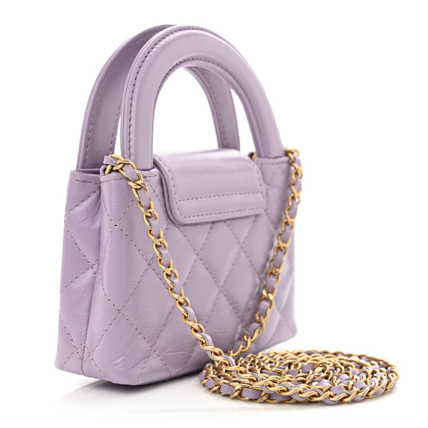 Shiny Aged Calfskin Quilted Mini Nano Kelly Shopper Lilac - Image 3