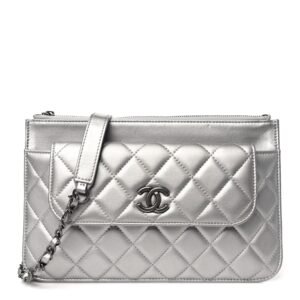 Metallic Lambskin Quilted Clutch With Chain Silver