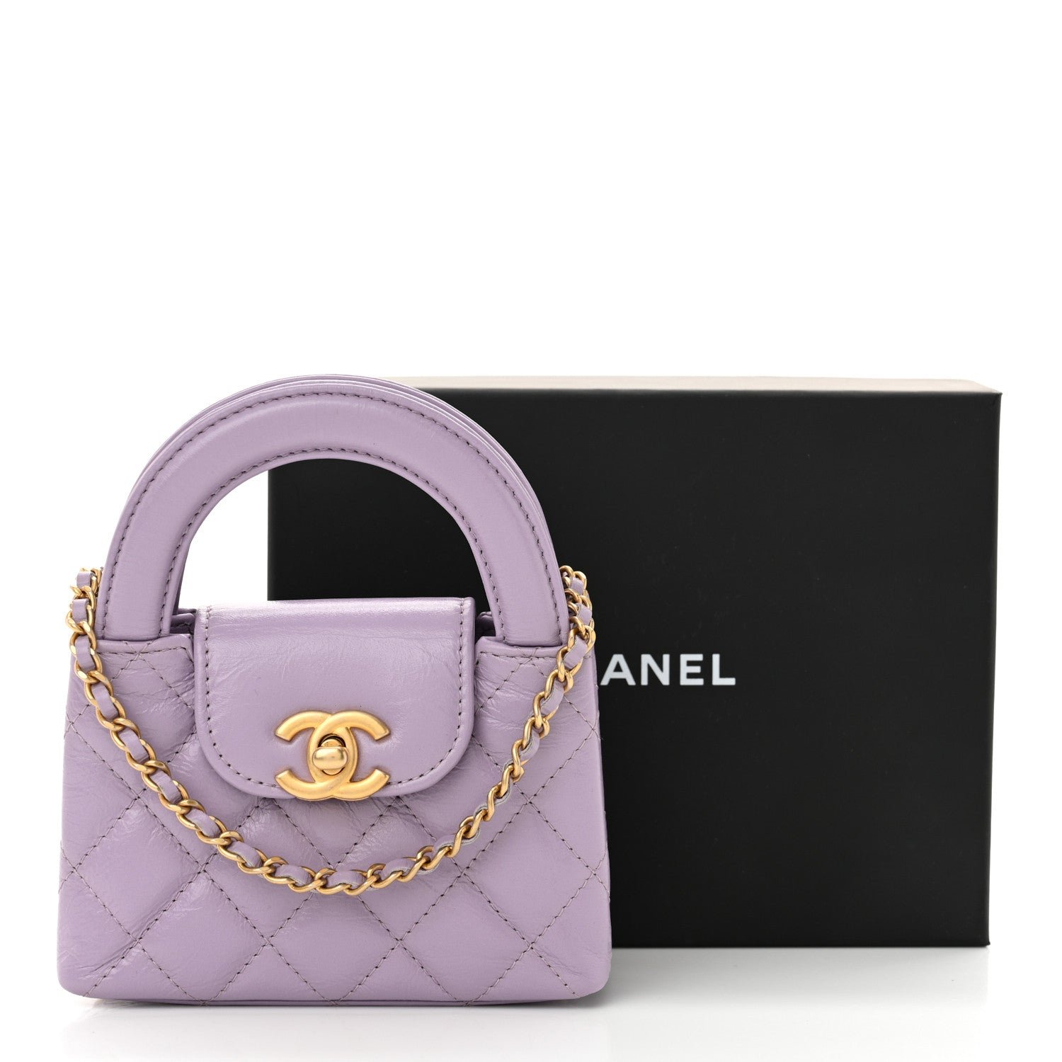 Shiny Aged Calfskin Quilted Mini Nano Kelly Shopper Lilac - Image 11