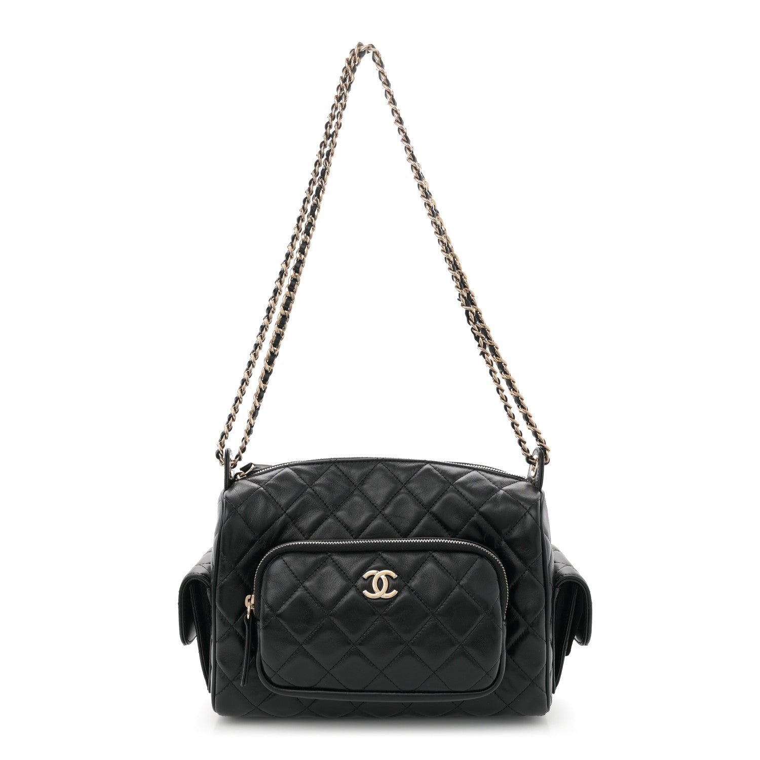 Shiny Crumpled Lambskin Quilted Medium Preppy Pocket Camera Case Black