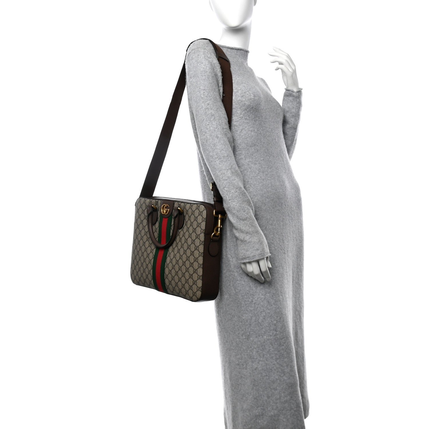 GG Supreme Monogram Textured Calfskin Web Medium Ophidia Briefcase Beige Ebony New Acero - Image 2