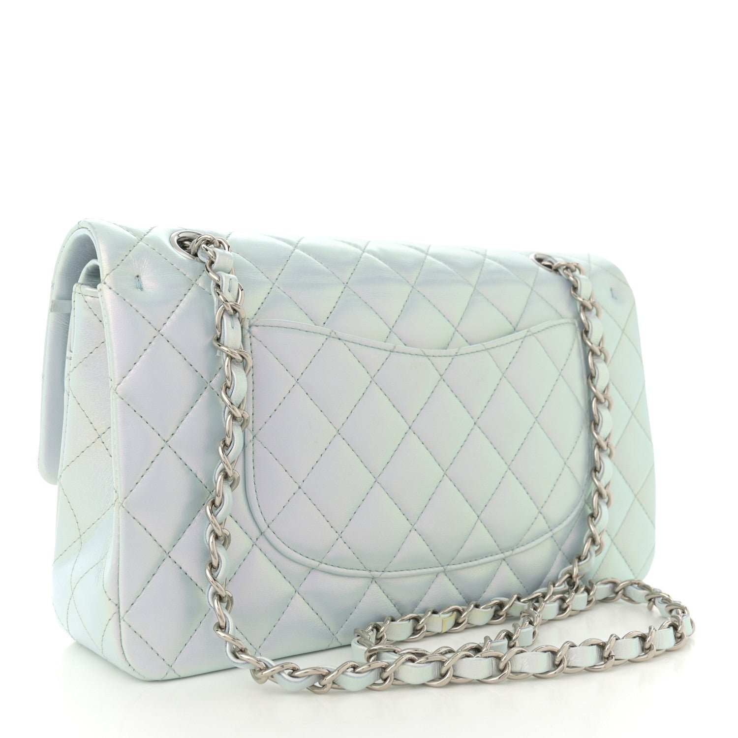 Iridescent Calfskin Quilted Medium Double Flap Light Blue - Image 3