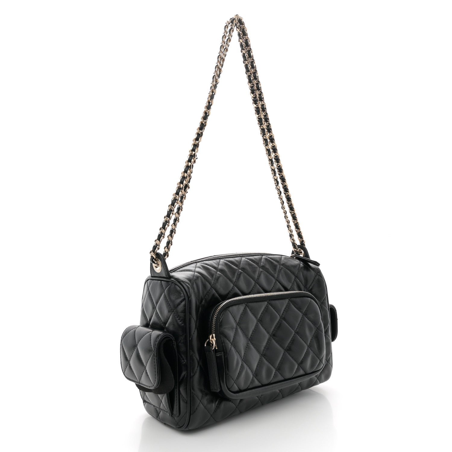 Shiny Crumpled Lambskin Quilted Medium Preppy Pocket Camera Case Black - Image 3