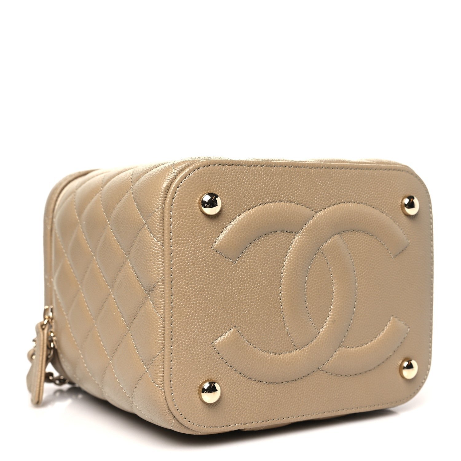Caviar Quilted Small Top Handle Vanity Case With Chain Dark Beige - Image 4