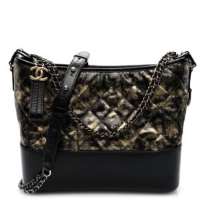 Metallic Crumpled Goatskin Quilted Medium Gabrielle Hobo Black Gold