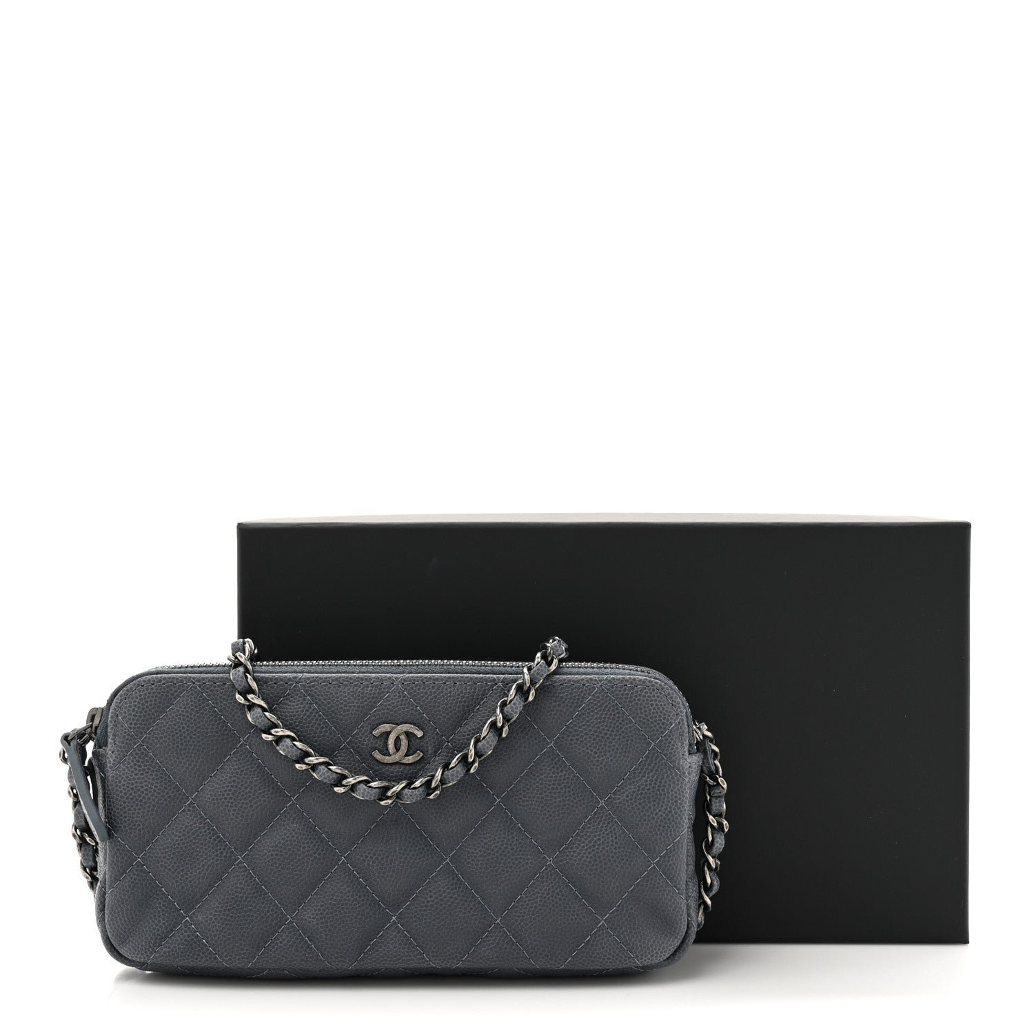 Caviar Quilted Small Clutch With Chain Grey - Image 13
